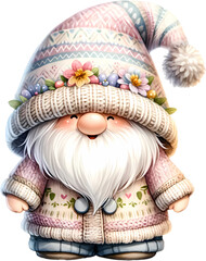 Cute cartoon gnome in warm knitted hat and clothes.