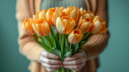 Bouquet of beautiful yellow spring tulips in women's hands. Fresh spring composition on blurred background. Close up.