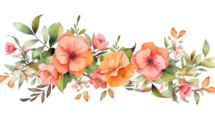 Illustration watercolor Floral Blossom Background with Leaves, floral border, on transparent background with png file. Cut out background.