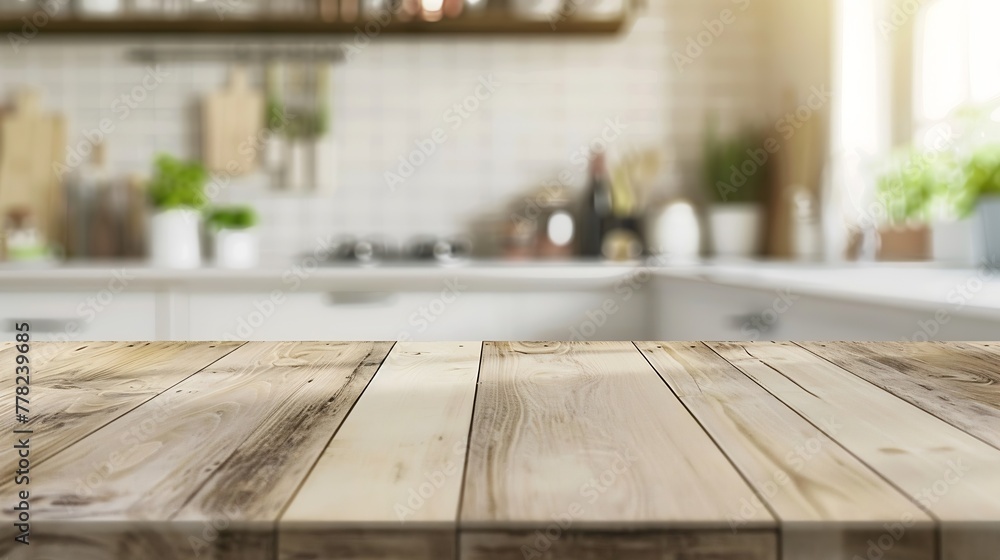 Poster Generative AI : Wood table top on blurred kitchen background. can be used mock up for montage products display or design layout