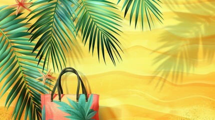 Fototapeta na wymiar Tropical Summer Sale Vibrant Art Showcasing a Special Offer Beach Bag adorned with Palm Leaves on a Sunlit Sand