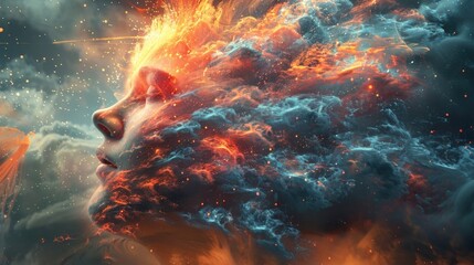 Ethereal Woman Made of Swirling Fire and Smoke in Space, To evoke a sense of mystery and magic, this image is perfect for projects that require a - obrazy, fototapety, plakaty