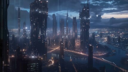 Fototapeta premium A cityscape with tall buildings and a river. The sky is dark and cloudy. Scene is mysterious and futuristic