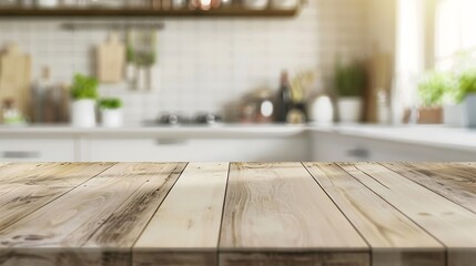 Generative AI : Wood table top on blurred kitchen background. can be used mock up for montage...