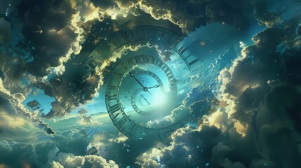 A clock spiraling upwards amongst clouds symbolizes the infinite nature of time and aspiration - obrazy, fototapety, plakaty