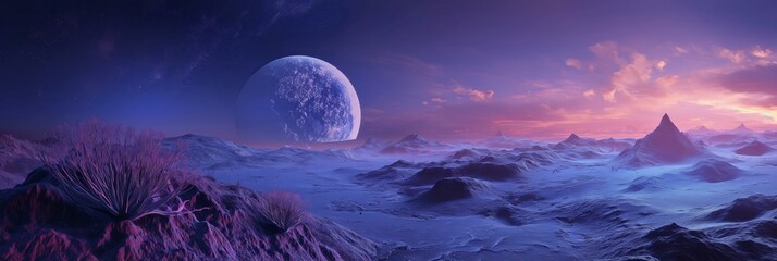 A space scene with a large planet and a mountain in the background. The sky is a deep purple color,...
