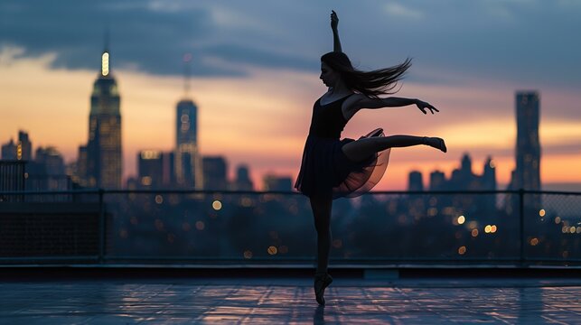 A woman in a black dress is dancing on a rooftop in the city. The sky is a beautiful orange color, and the city skyline is visible in the background