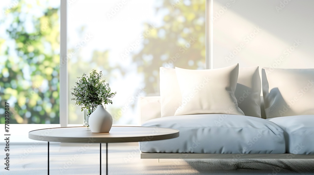 Poster generative ai : close-up of bright living room with sofa and table in front of sofa against blurred 