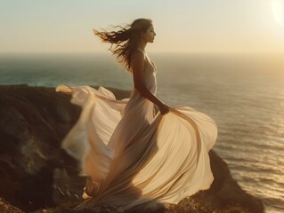 Fototapeta na wymiar A woman in a long dress is standing on a cliff overlooking the ocean. The dress is flowing and the woman is enjoying the view