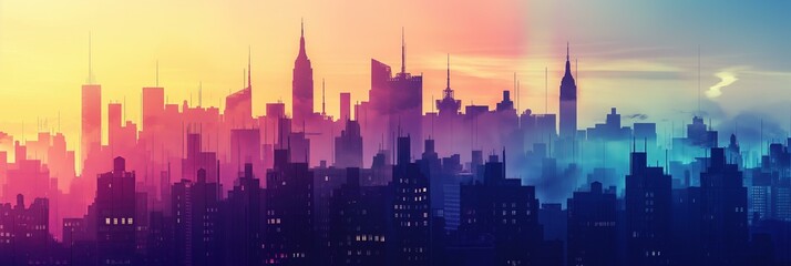 A city skyline with a colorful sunset in the background. The buildings are tall and the sky is filled with a variety of colors