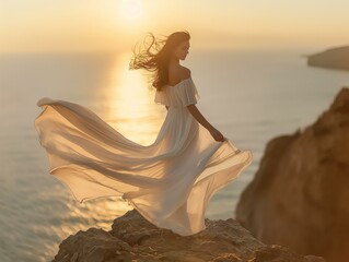 Fototapeta na wymiar A woman in a white dress is standing on a rocky cliff overlooking the ocean. The sun is setting, casting a warm glow over the scene. The woman is dancing or twirling in the wind