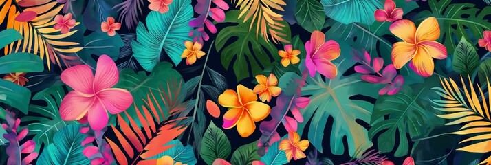 A colorful tropical forest with many flowers and leaves. The flowers are pink, yellow, and orange