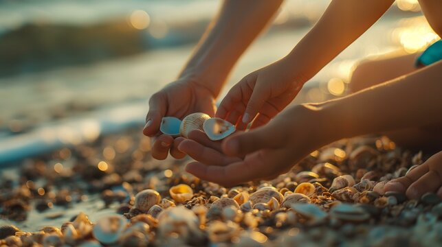 Two people are holding up some shells on a beach. The shells are blue and white. Scene is peaceful and relaxing