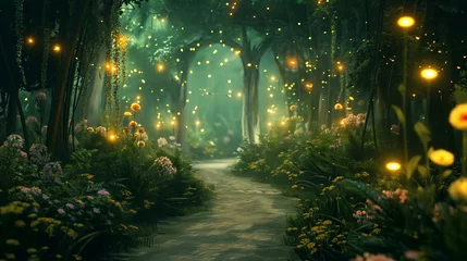 Foto op Plexiglas A forest path with glowing lights and flowers © SKW