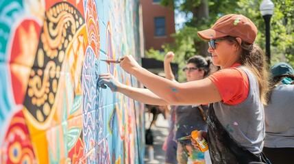 A woman is painting a mural on a wall. The mural is colorful and has a lot of detail. The woman is wearing a hat and a red shirt. There are other people in the background