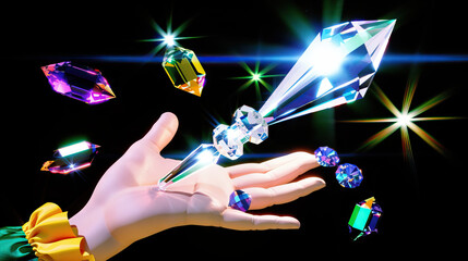 Crystal Magic Wand in Illusionist's Hand, Sparkling Amethyst and Sapphire Adornment