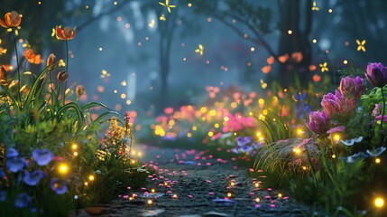 A forest with a path through it and flowers on the ground. The flowers are lit up with a glow, creating a magical and serene atmosphere