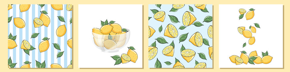 Vector big set of lemons seamless pattern Fresh yellow lemons with leaves. Citrus fruits concept designs Fresh lemons design elements and repeatable endless patterns Multiple uses Vector illustration 