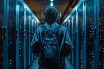 Obraz premium Intrusion Detected: Hacker Infiltrating Data Center Systems