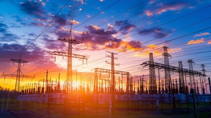 Generative AI : distribution electric substation with power lines and transformers, at sunset - obrazy, fototapety, plakaty