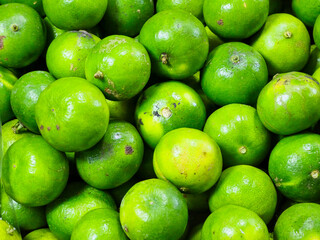 A pile of good-sized green lemons in a vegetable shop