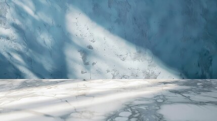 Obraz premium Generative AI : White Marble Table Corner with Light Beam, Shadow, and Spotlight on the Blue Concrete Wall Background
