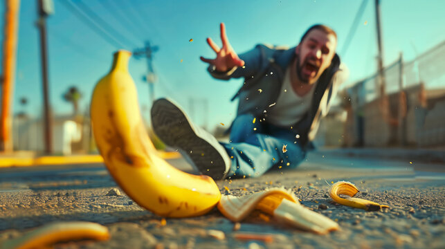 Oops! Misstep, Amusing Image of Man Slipping on Banana Peel for Lighthearted Moment