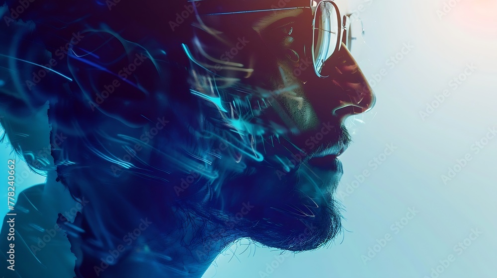Poster generative ai : double exposure of male face. abstract man portrait. digital art. guy in glasses of 