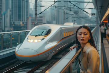 Fototapeta premium A sleek bullet train speeding along elevated tracks, futuristic cityscape in the background