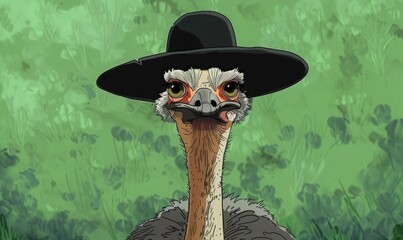 an ostrich wearing a black hat - obrazy, fototapety, plakaty