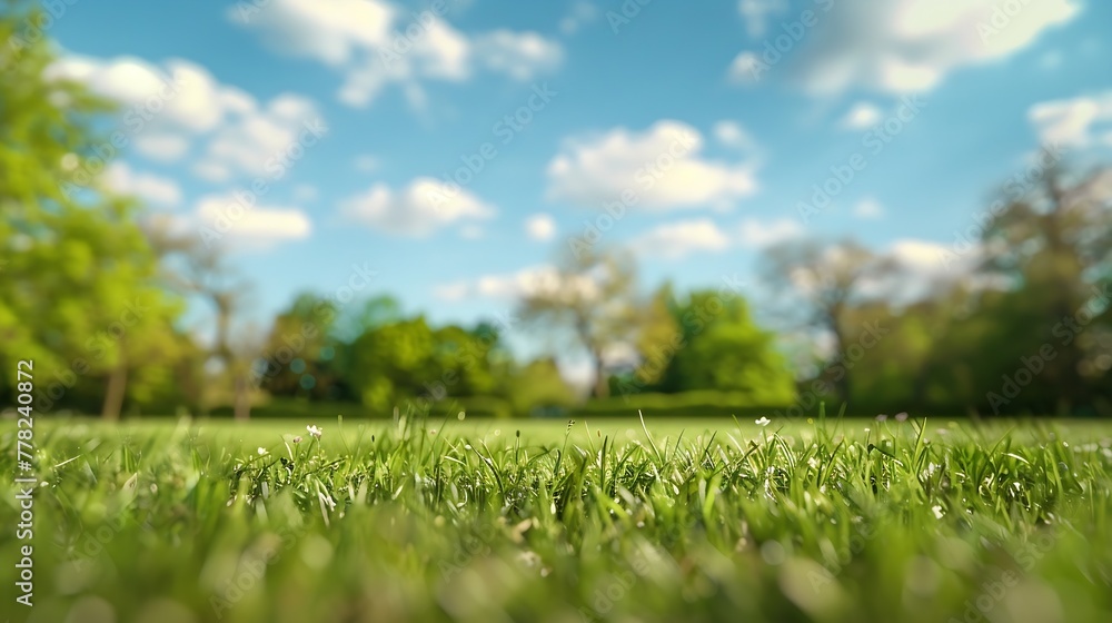 Aufkleber Generative AI : Beautiful blurred background image of spring nature with a neatly trimmed lawn surrounded
