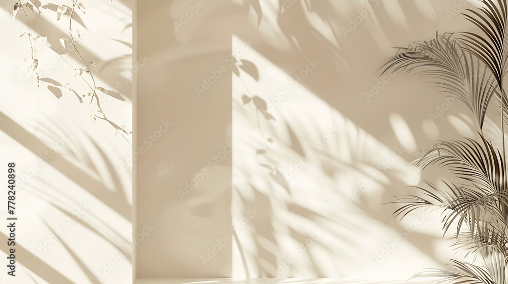 Poster Generative AI : Minimalistic abstract gentle light beige background with light andand intricate shadow from the window