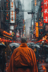 Obraz na płótnie Canvas A rear view of a monk walking at a busy street