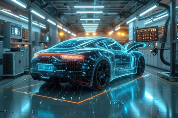A state-of-the-art autonomous vehicle parked in a sleek, high-tech garage, with an automated robotic arm performing routine maintenance, while a digital dashboard displays diagnostics - obrazy, fototapety, plakaty