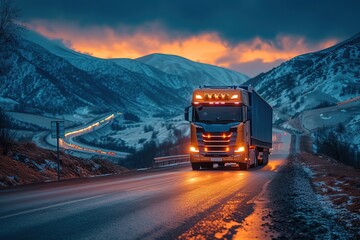 A sturdy cargo truck navigating a twisting mountain road, its headlights illuminating the winding path ahead, with cargo securely strapped and protected from the elements - obrazy, fototapety, plakaty