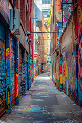 Fototapeta premium Urban alley with graffiti walls, bright daylight, street view, colorful and vibrant