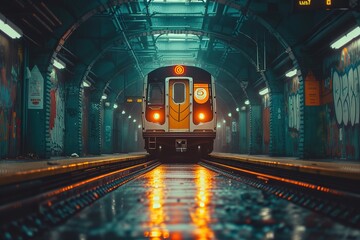 A subway train entering an underground tunnel, illuminated by overhead lights - obrazy, fototapety, plakaty