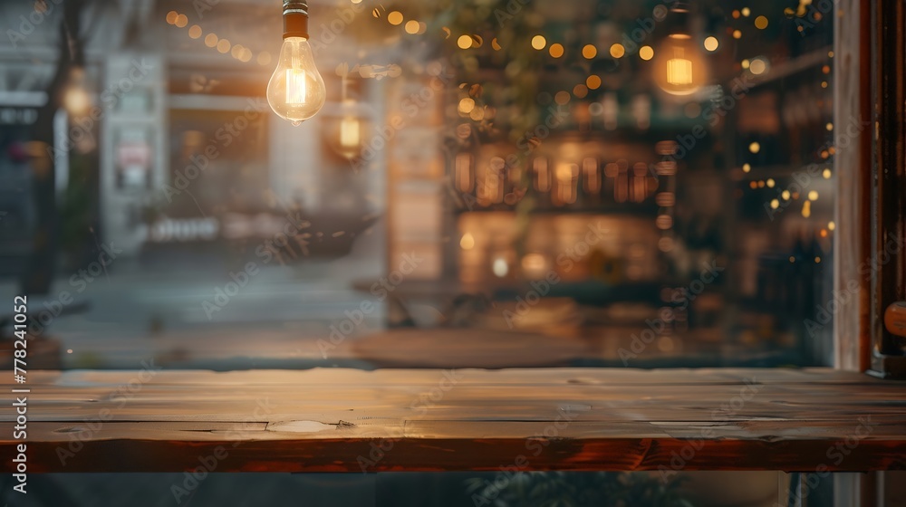 Aufkleber generative ai : wooden table top on blurred shop window of cafe with light bulb. background for prod