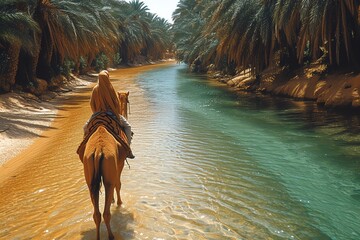 A tourist riding a camel through a desert oasis, palm trees and cool waters nearby