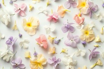 Assorted colorful flowers arranged on a white background in a beautiful floral composition