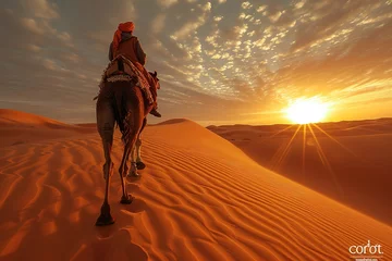 Gordijnen A tourist riding a camel through a vast desert landscape, beneath a blazing sun © create
