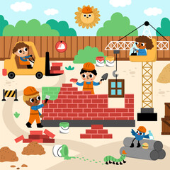 Vector construction site landscape illustration. Scene with kid workers building a brick house. Square background with funny builders, painters, animals and bird, lifting crane, vehicles.