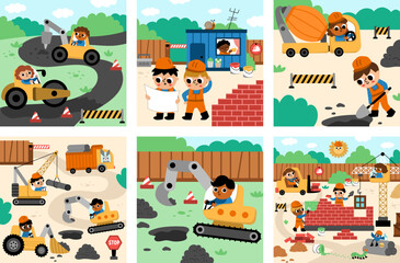 Obraz premium Vector construction site landscape illustrations set. Scenes collection with kid workers, vehicles, road works, building a brick house. Square backgrounds with funny builders, painters, animals.