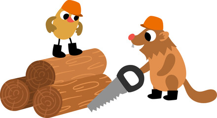 Vector bird in hard hat standing on the log near builder beaver with saw. Construction site workers illustration for kids with funny characters. Cute repairmen icon isolated on white background. © Lexi Claus