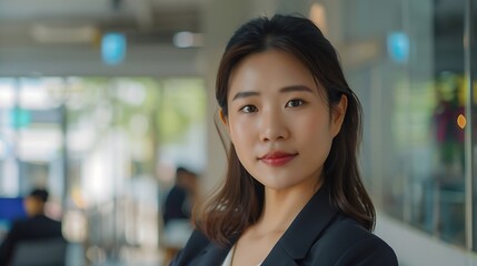 Generative AI : Portrait of a young woman in a office room, concept image of Asian business woman