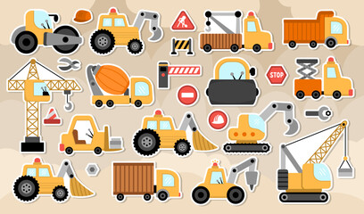Big vector special transport stickers set. Construction site, road work, building transport icons with bulldozer, tractor, truck, crawler crane, digger, concrete mixer. Cute repair service vehicles.