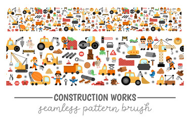 Big vector construction site, road work seamless pattern brush. Cute repair service or building repeat boarder with kid builders, transport, bulldozer, tractor, truck, crawler crane, animals .