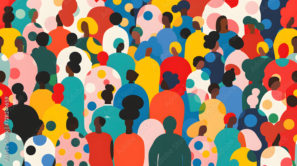 Poster an illustration of diverse people in an abstract patterned background with large circles and polka d