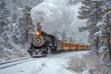 A vintage steam locomotive pulling a passenger train through a snowy winter landscape