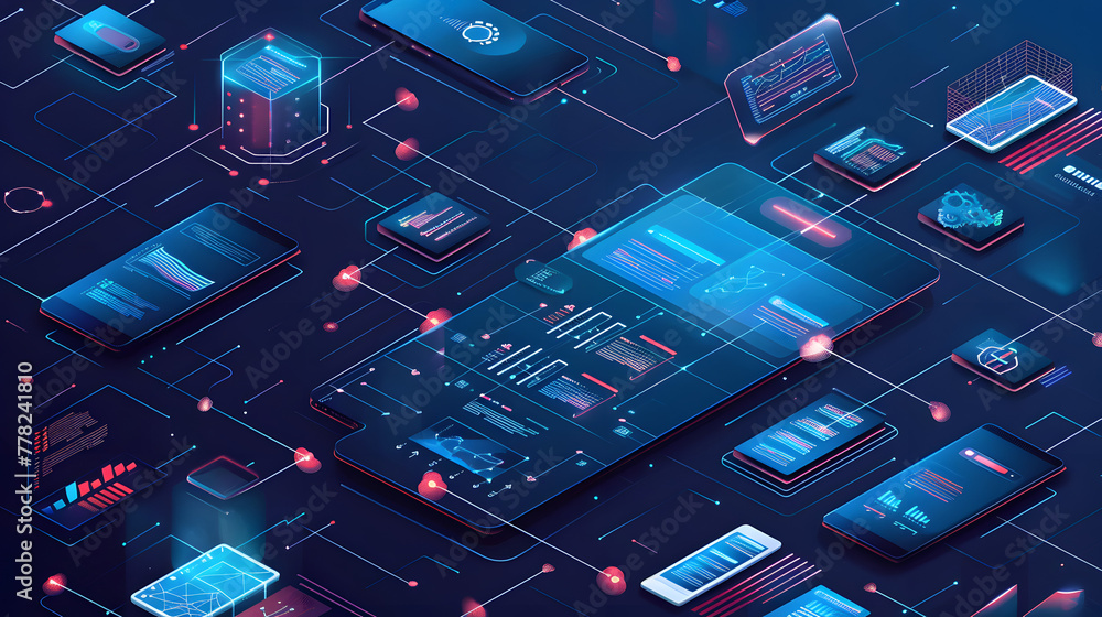 Poster an isometric view of an ai system surrounded by various digital devices